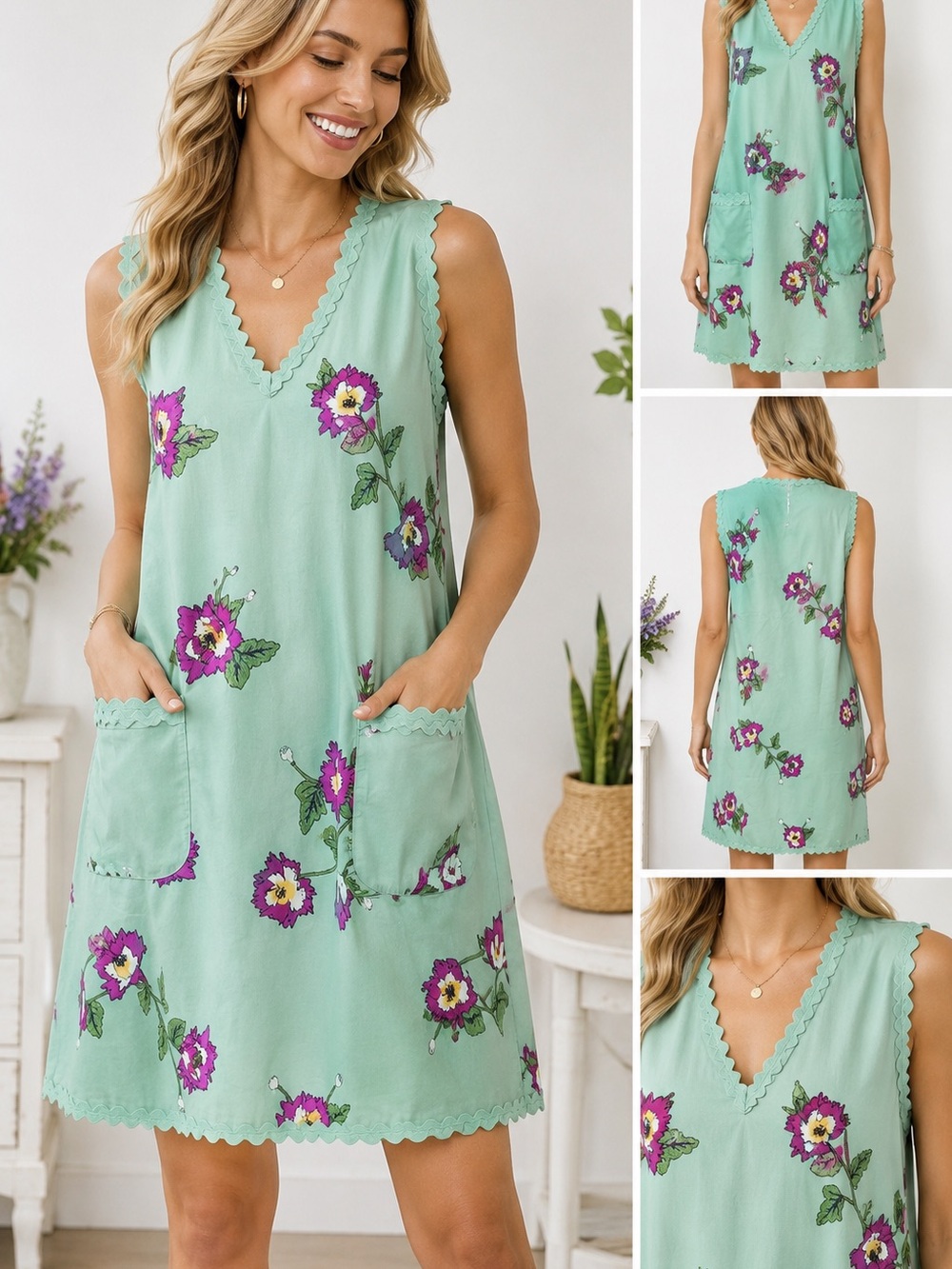 JODIFL Mint Floral V-Neck Midi Dress with Pockets